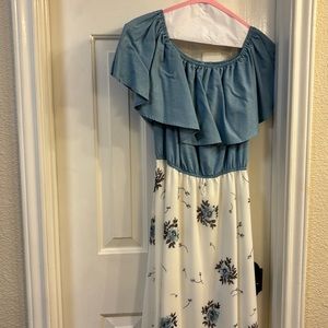 Blue and white floral off shoulder maxi dress